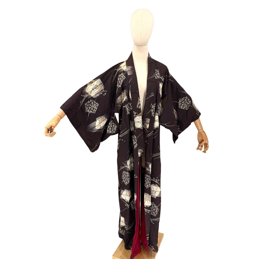 Vintage 50 Showa Era Black 100% Silk Woven Ikat Meisen Kimono Robe Gown